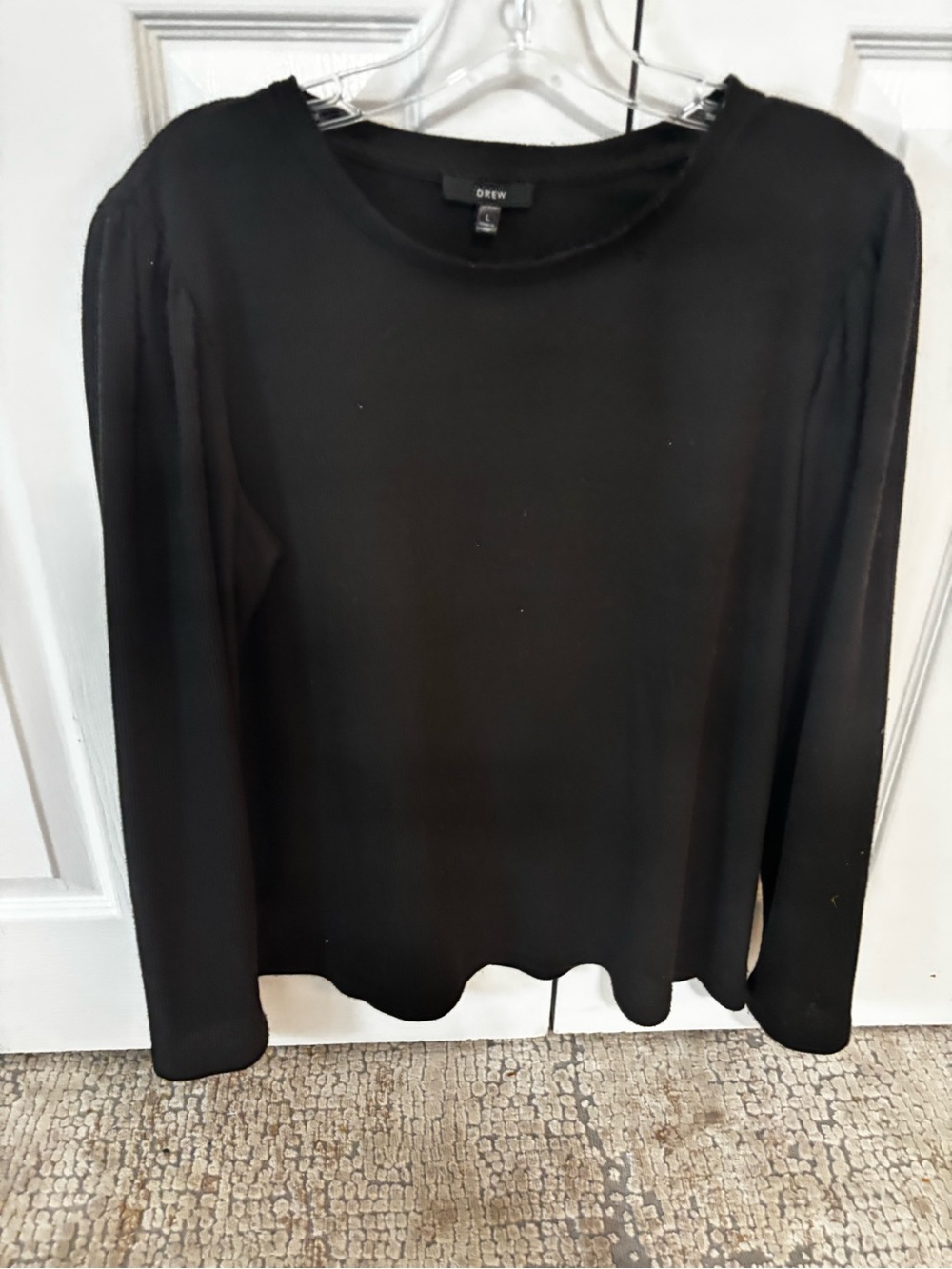 DREW Black Long-Sleeve Women's Top - Classic Crew Neck waffle size L
